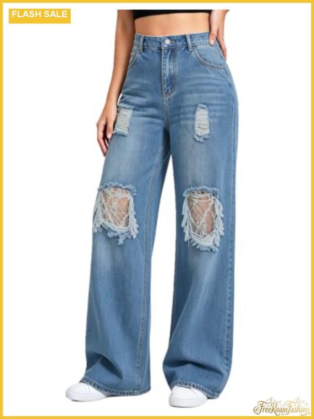 Wide Leg Ripped Distressed Pull On Stretchy Mid Rise Denim Jeans